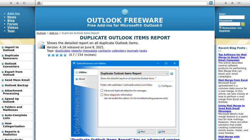Duplicate Outlook Items Report Landing Page