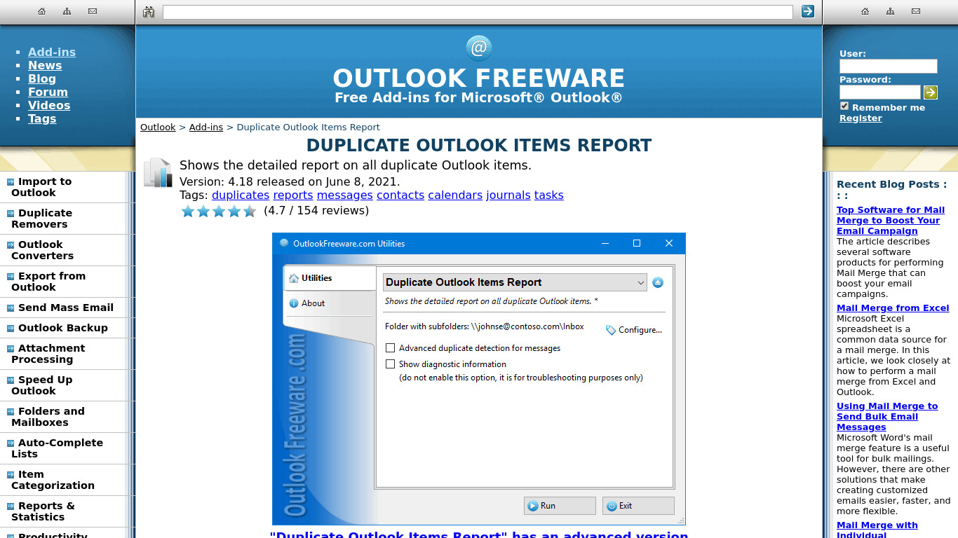 Duplicate Outlook Items Report Landing page