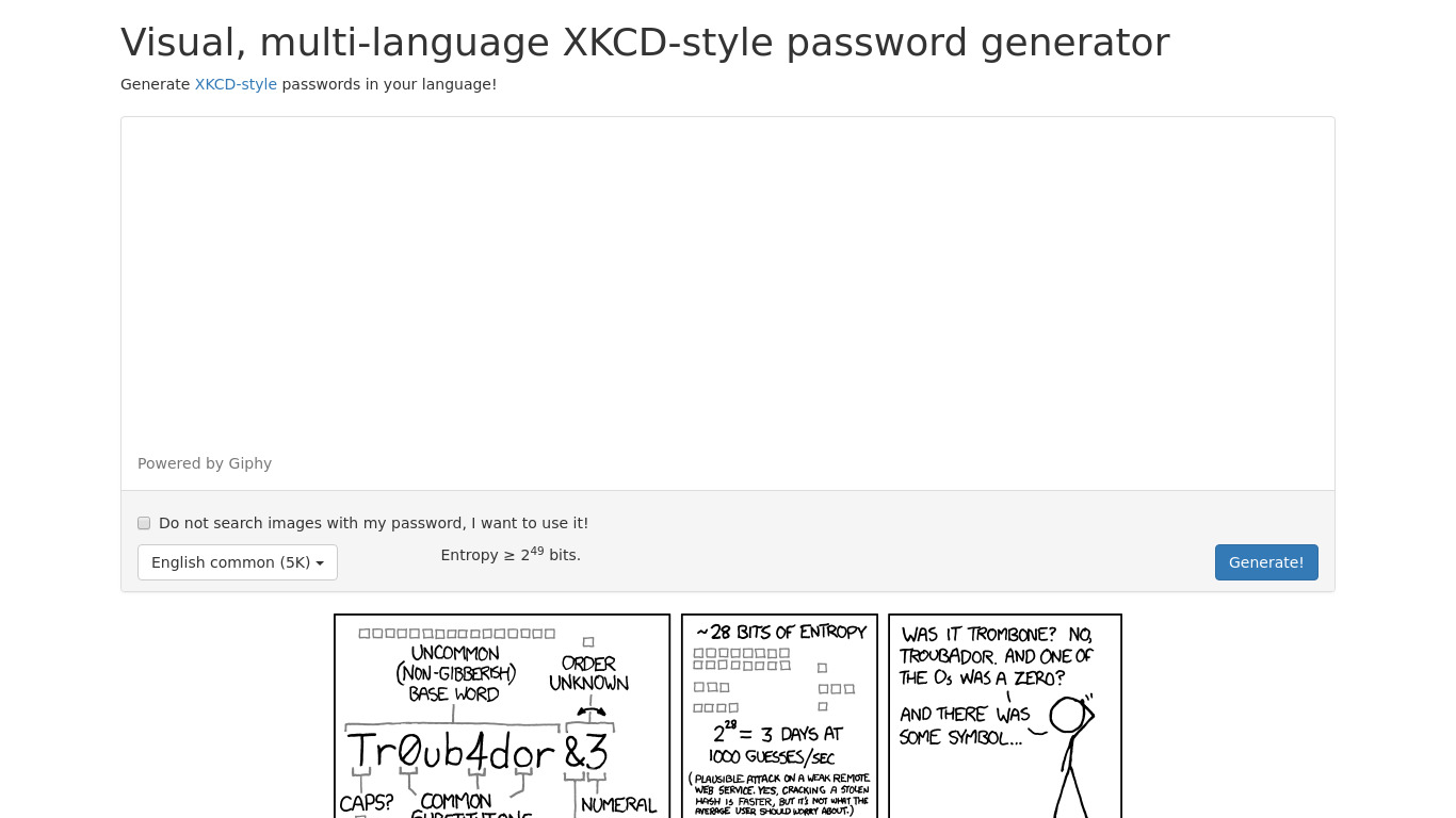 XKCD-style password Landing page