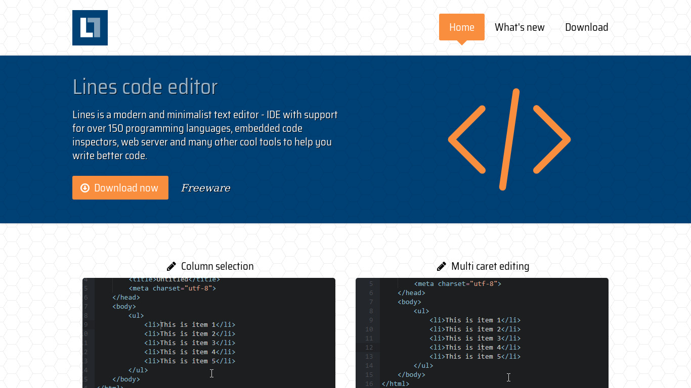 Lines code editor Landing page
