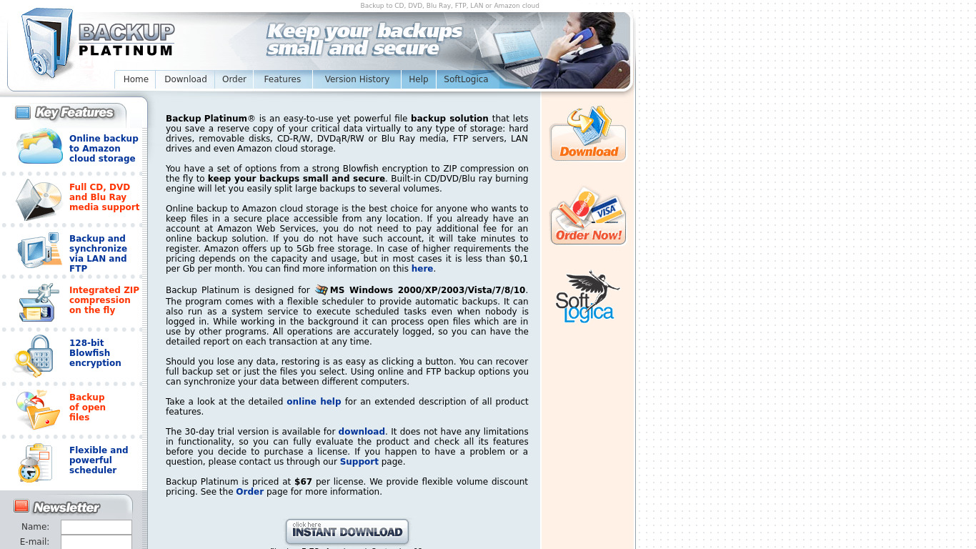 Backup Platinum Landing page