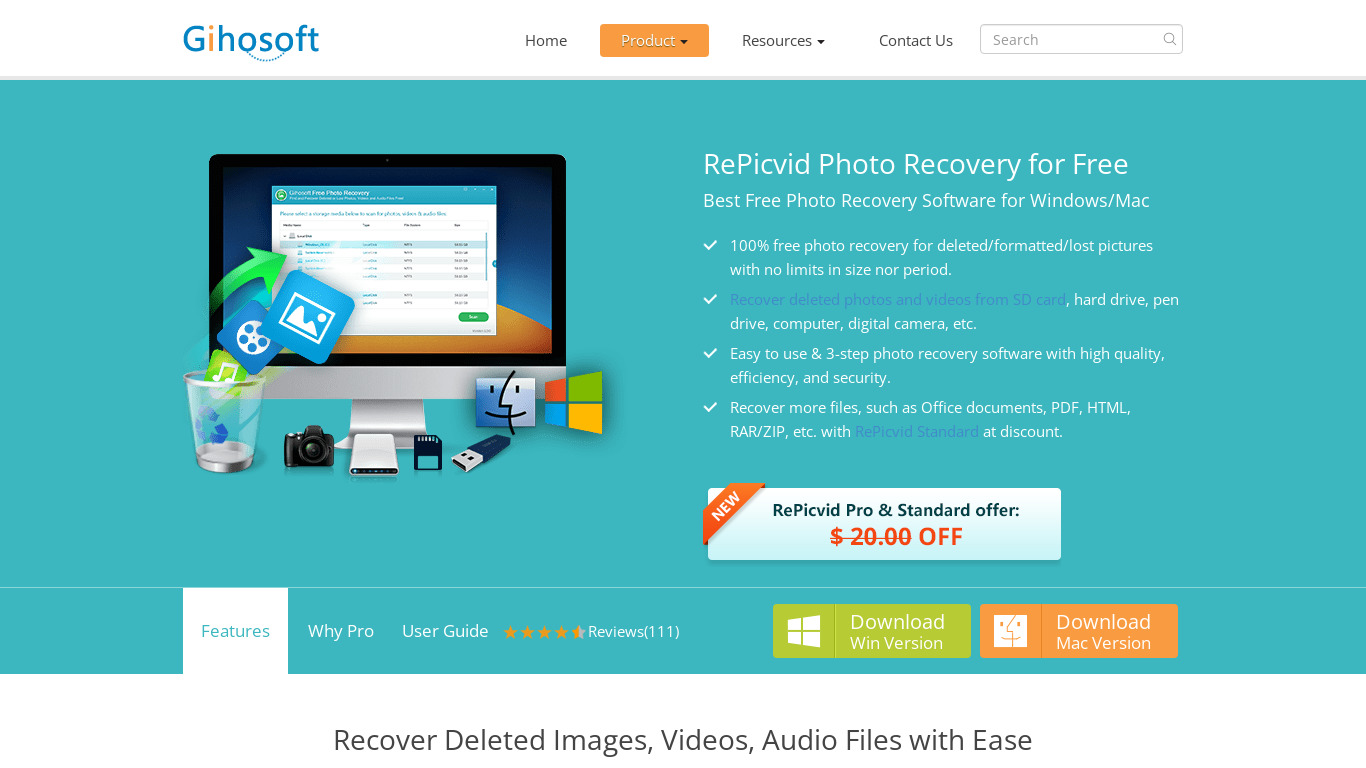 RePicvid Free Photo Recovery Landing page