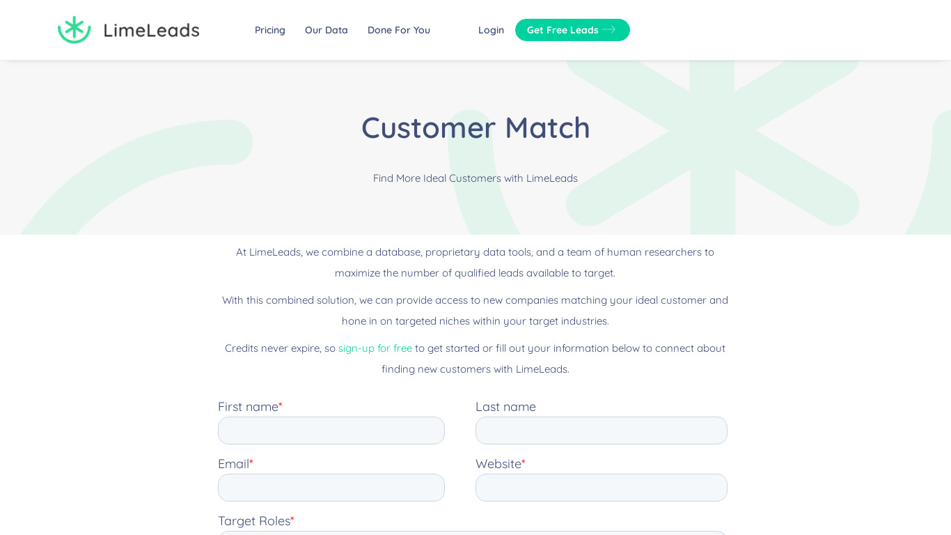LimeLeads Customer Match Landing page