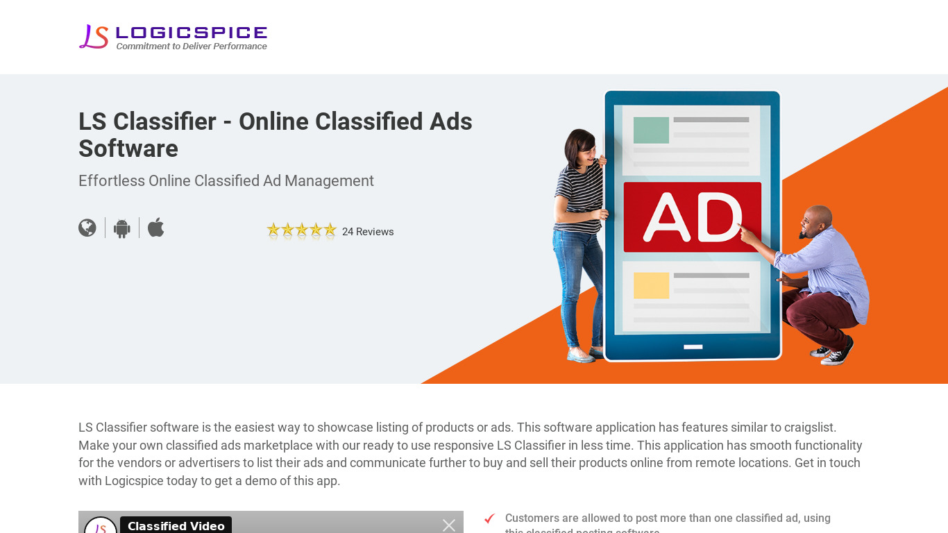 Classified Ads Script by Logicspice Landing page