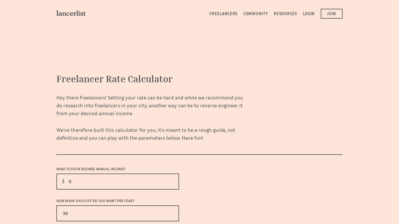 Freelancer Rate Calculator Landing page