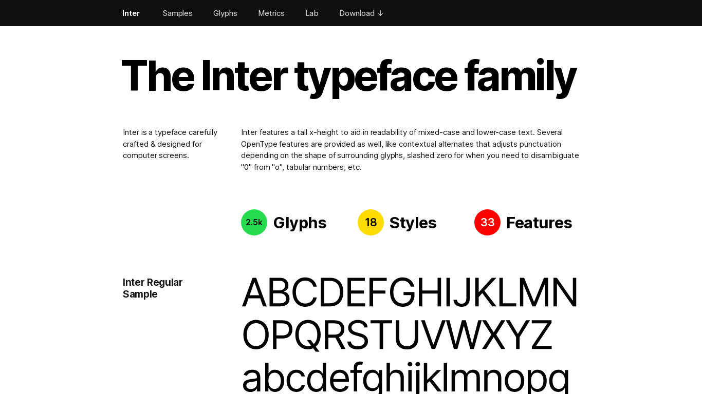 The Inter UI Font Family Landing page