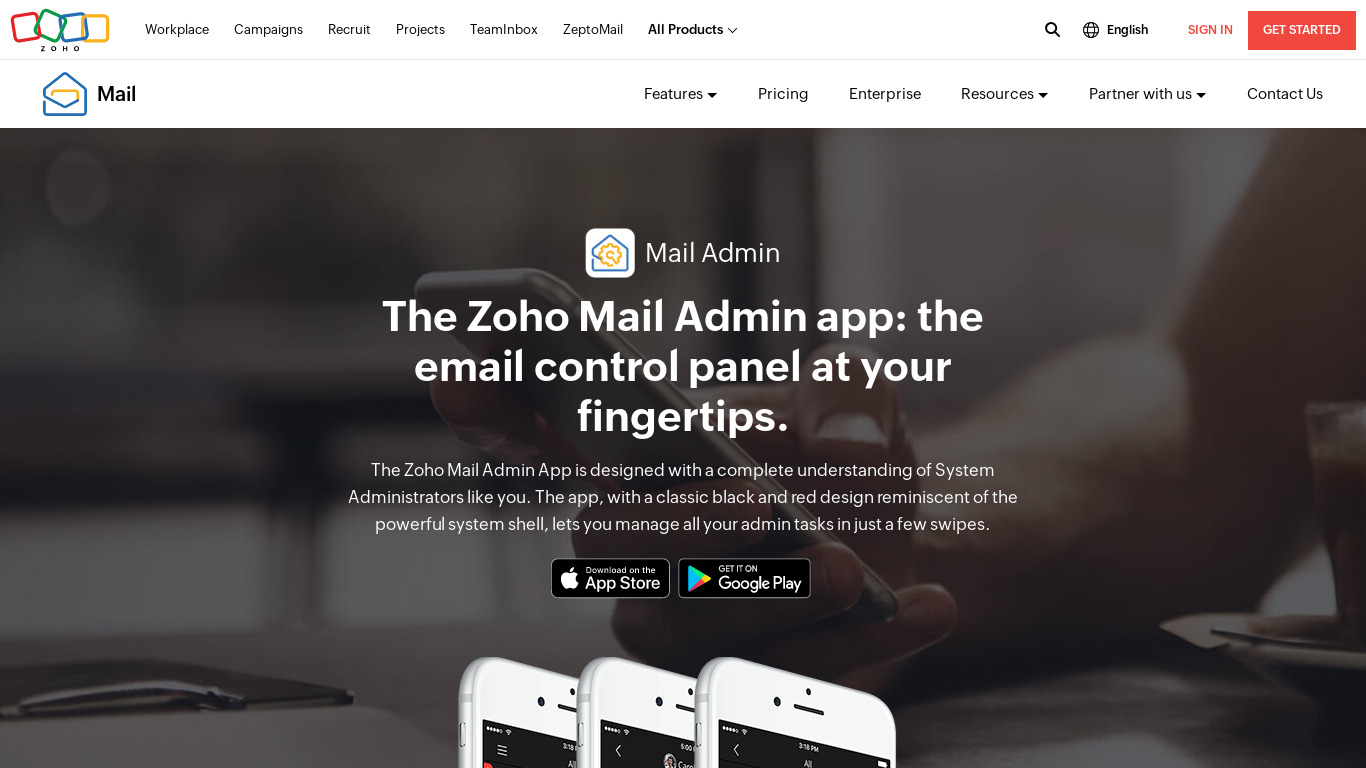 Zoho Mail Admin App Landing page