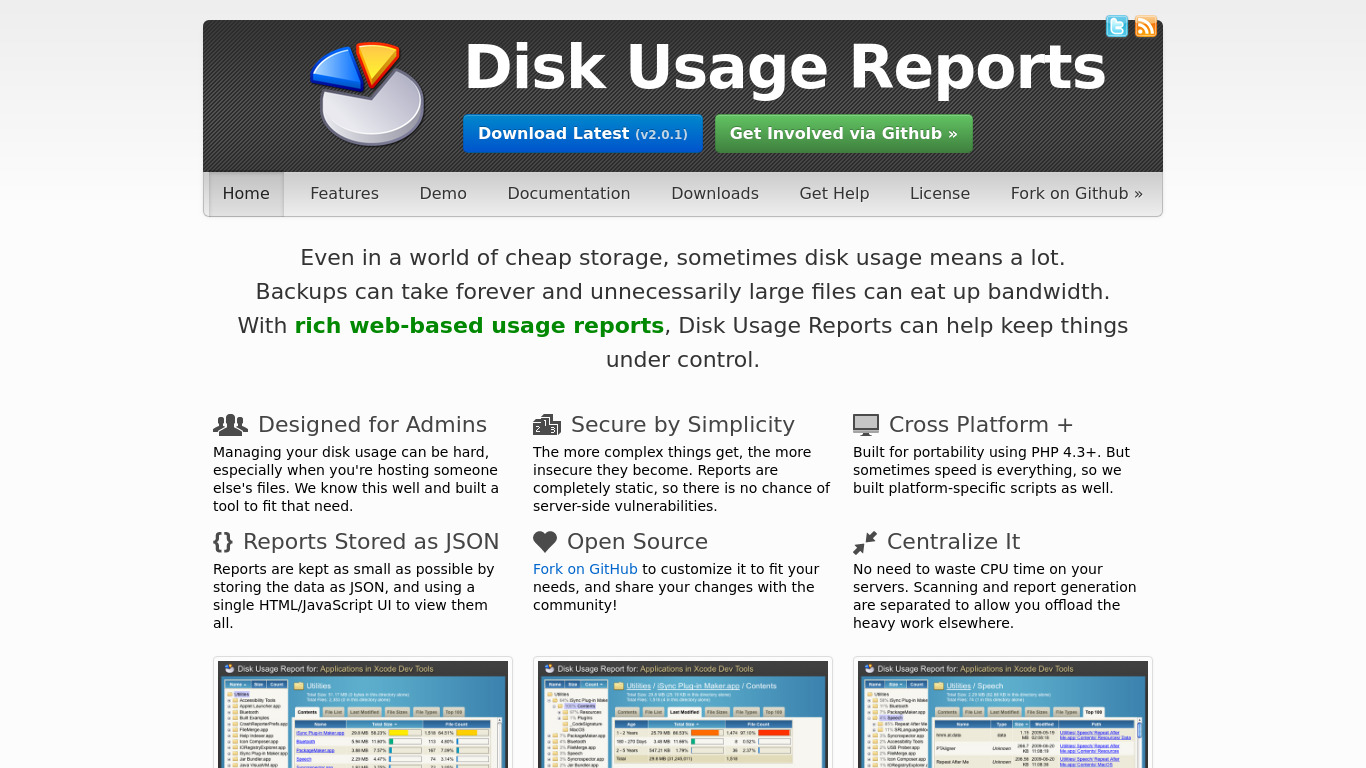 Disk Usage Reports Landing page