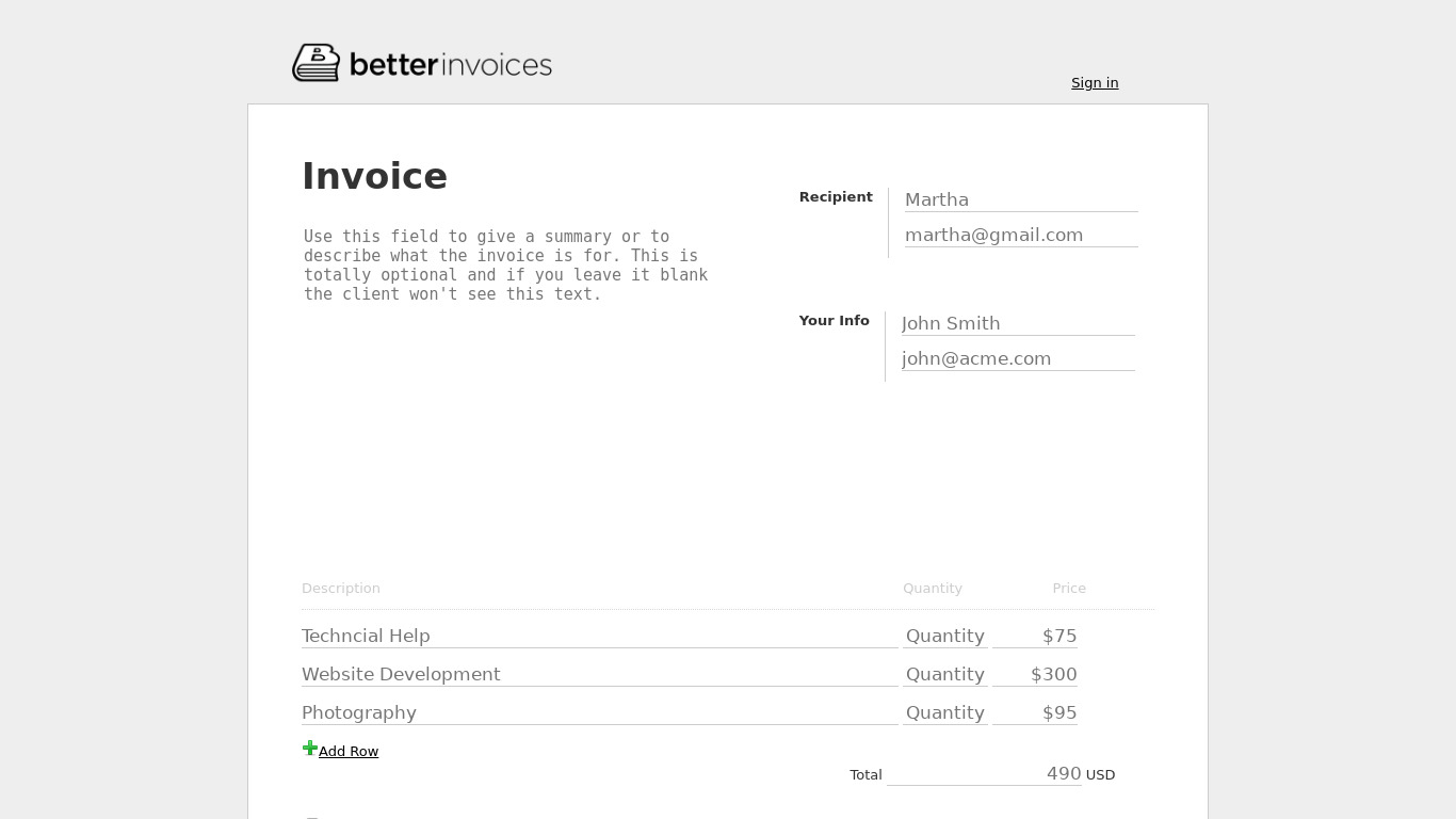 Better Invoices Landing page