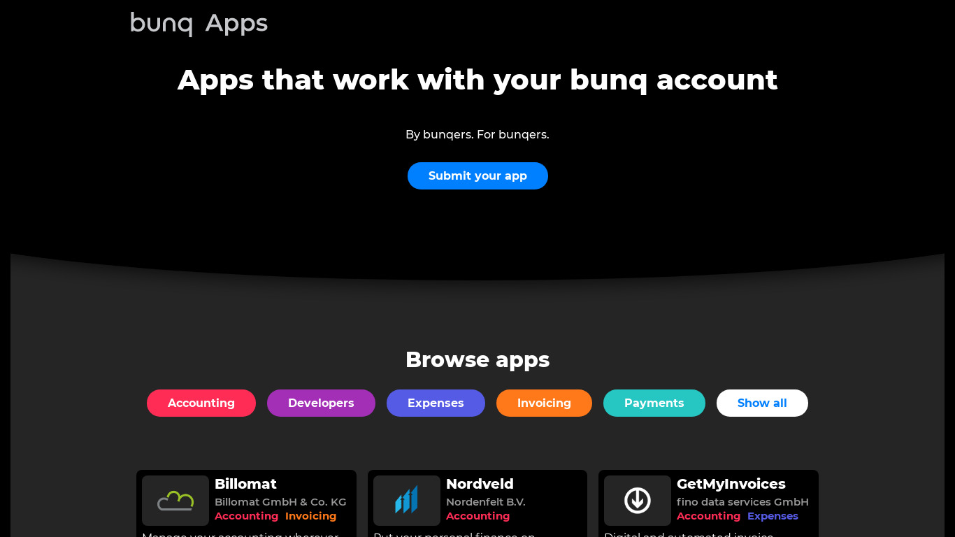 bunq Apps Landing page