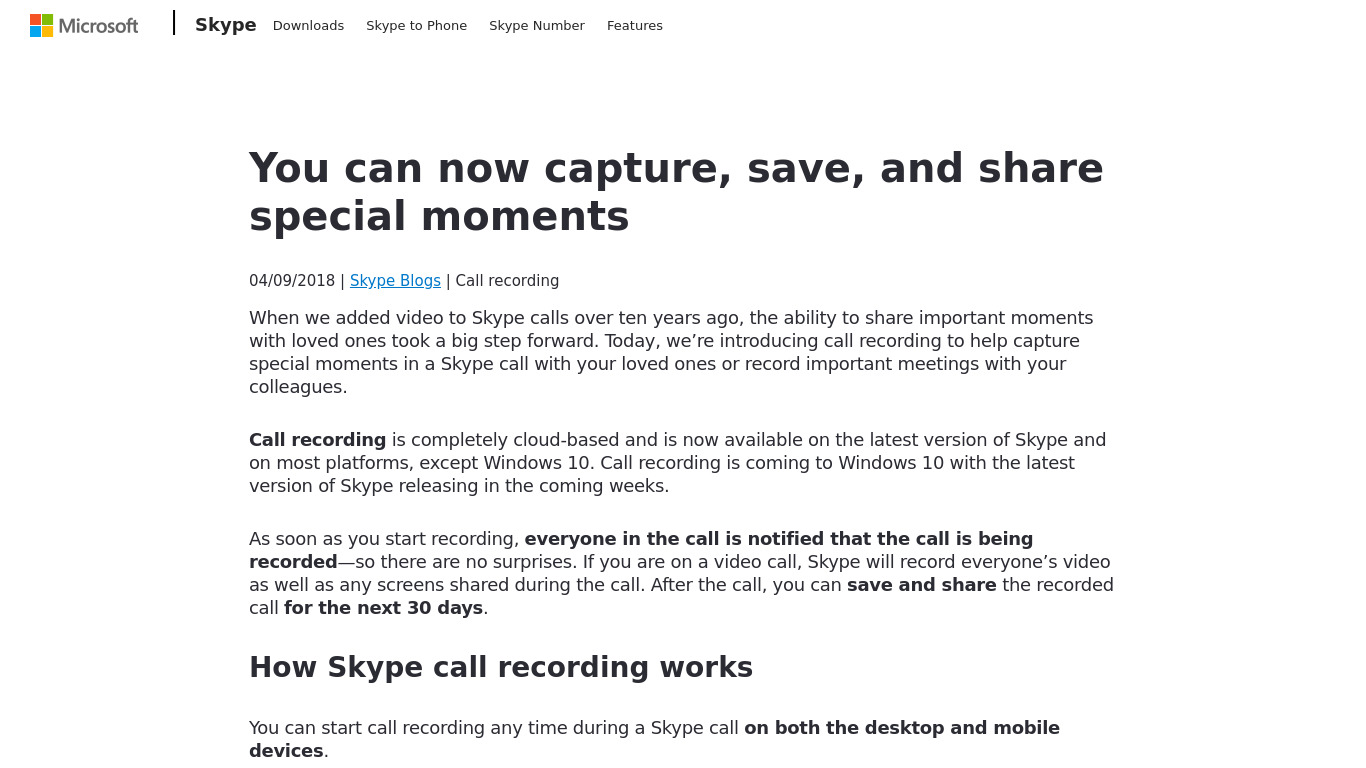 Skype Call Recording Landing page