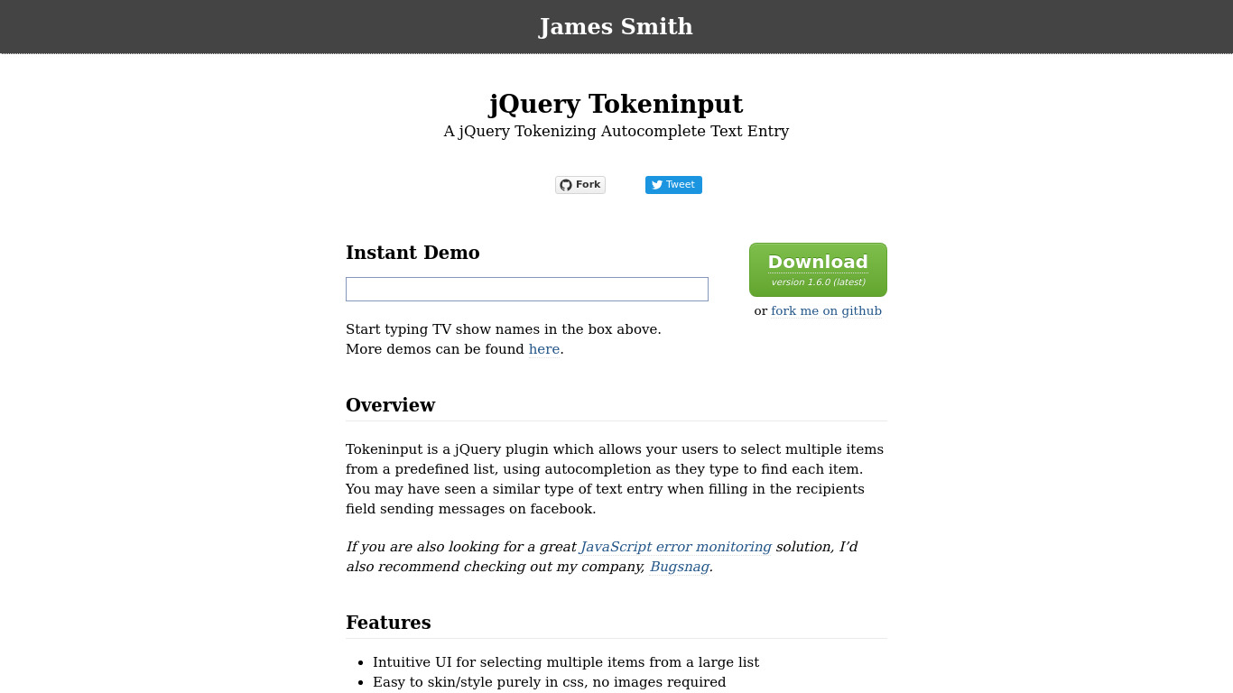 jQuery TokenInput Landing page