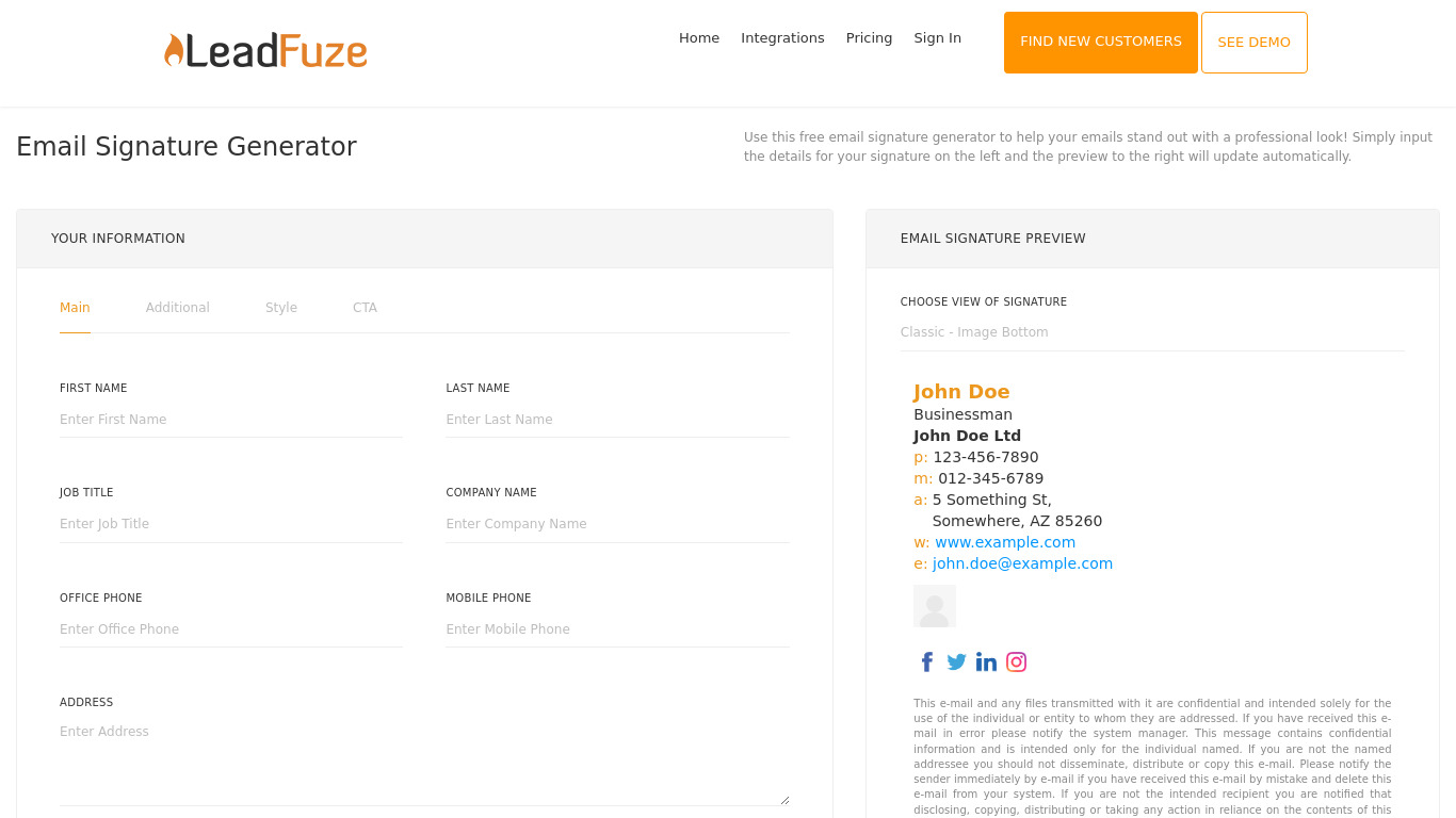 Email Signature Generator by LeadFuze Landing page