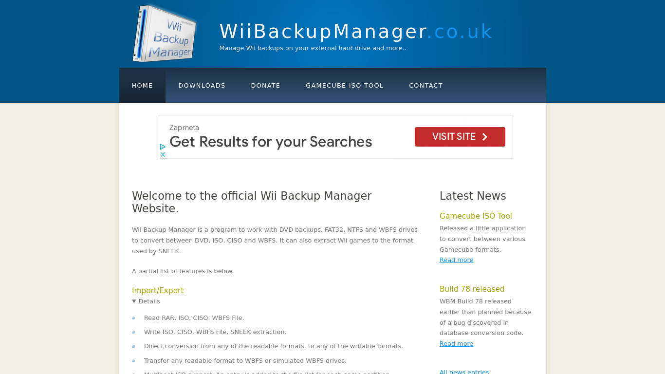 Wii Backup Manager Landing page