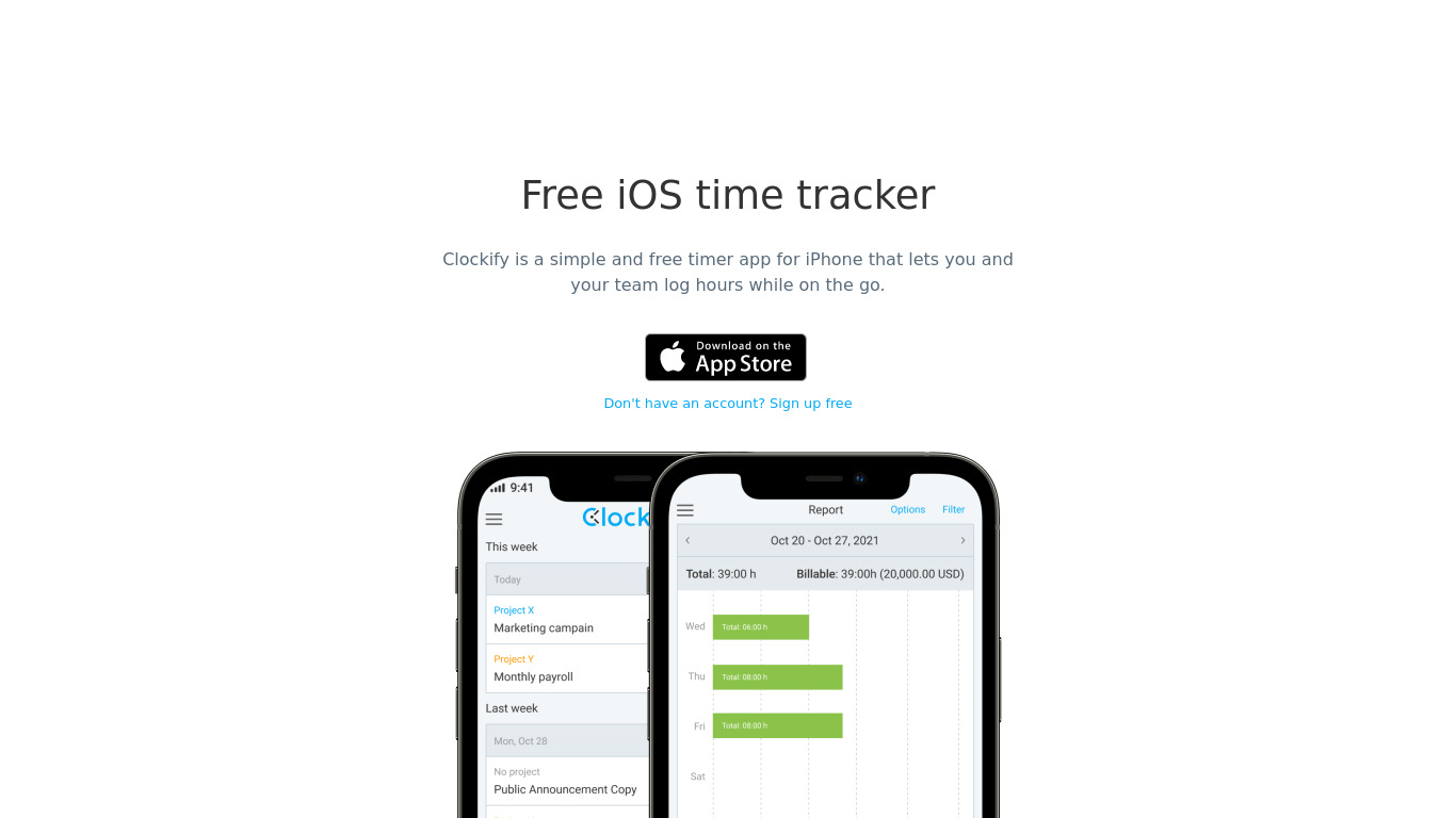 Clockify for iOS Landing page