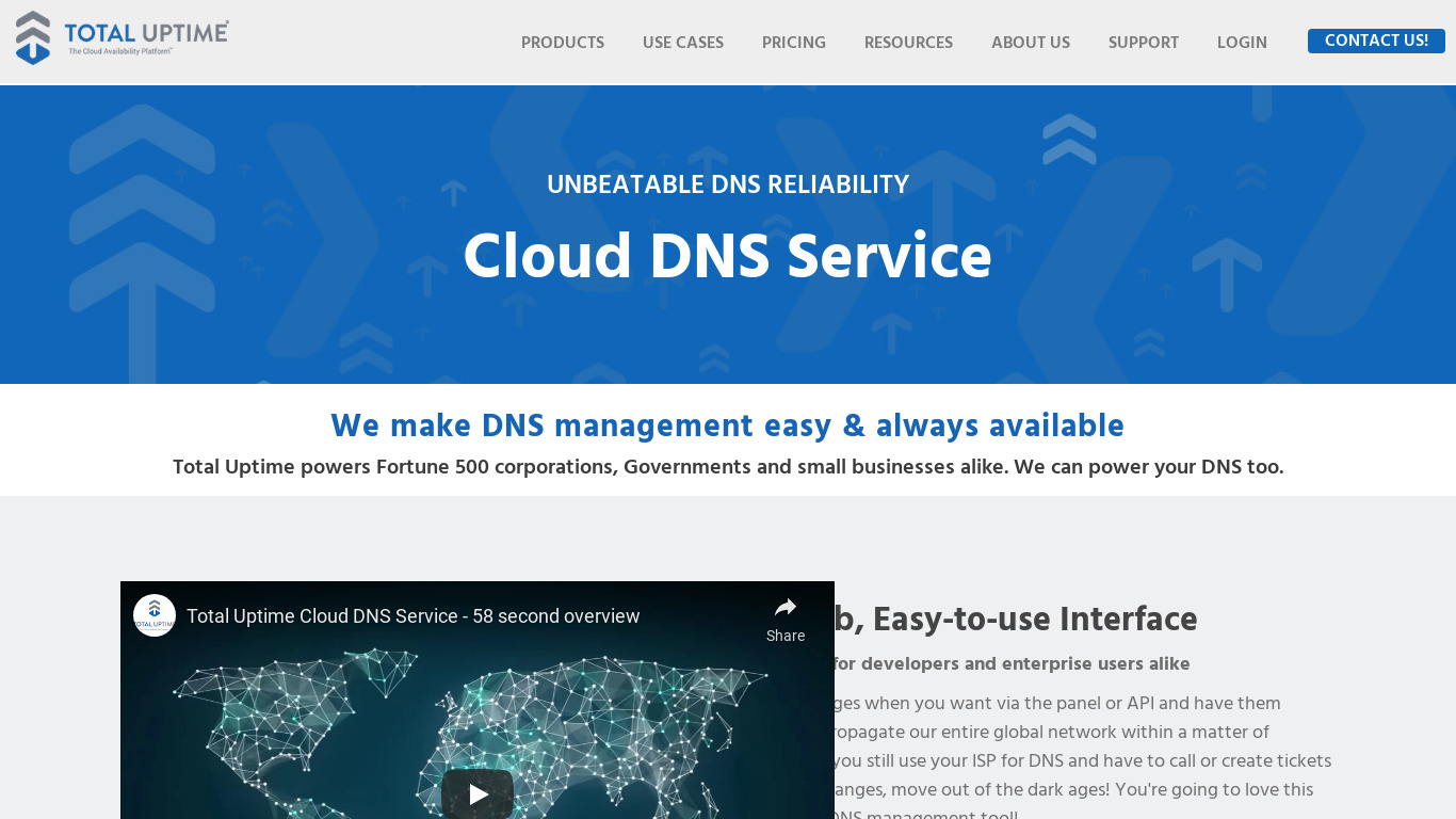 Total Uptime Cloud DNS Service Landing page