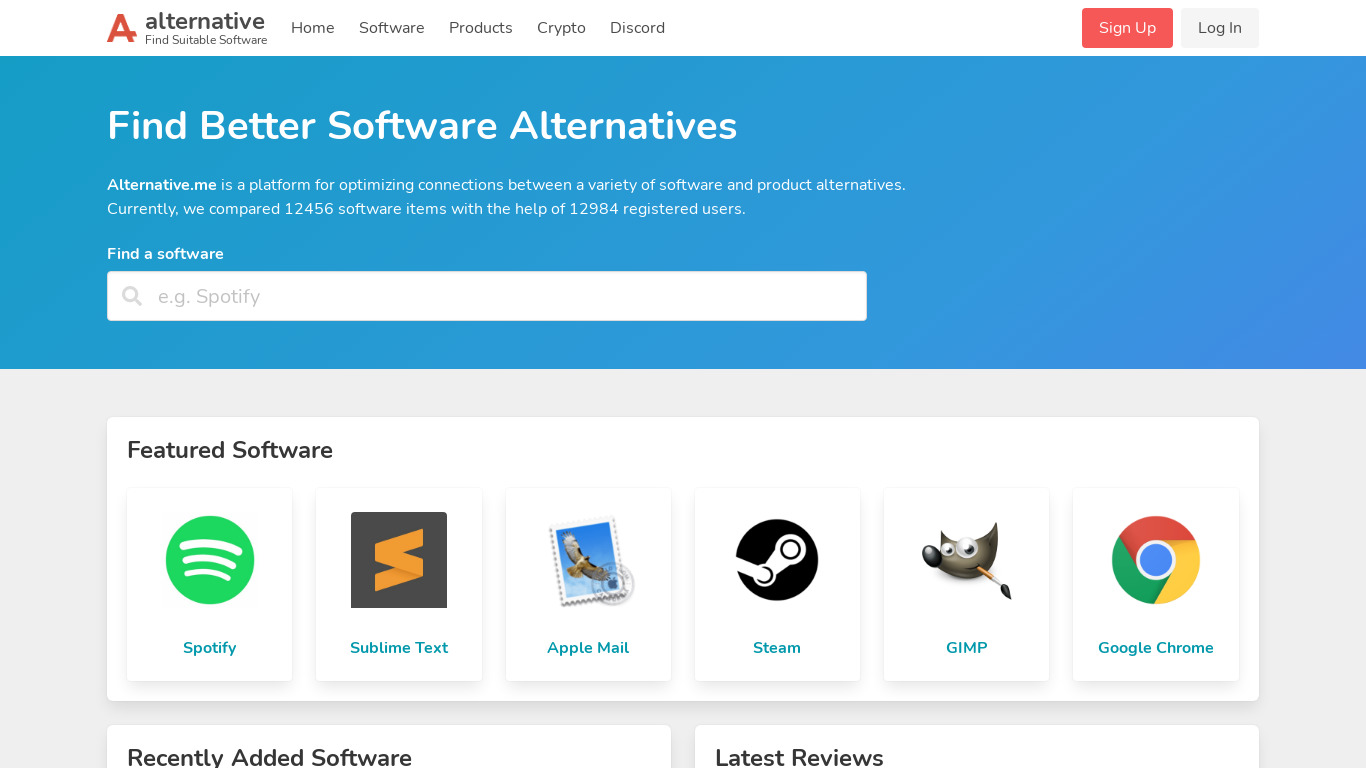 Alternative.me Landing page