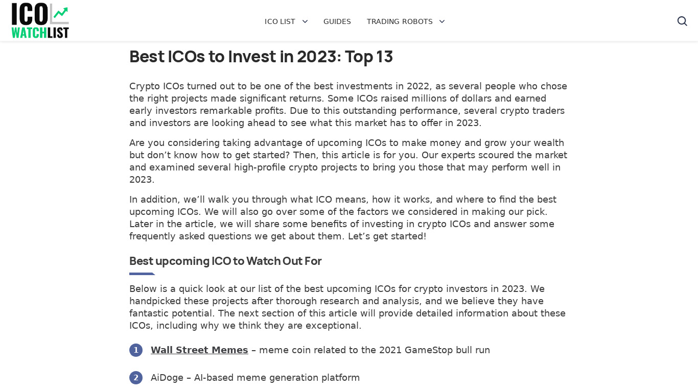 ICO Watch List Landing page