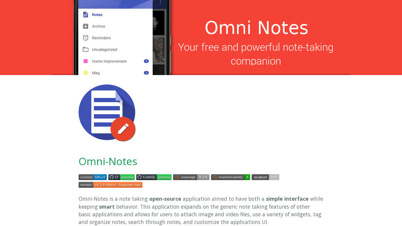 Omni Notes Landing page