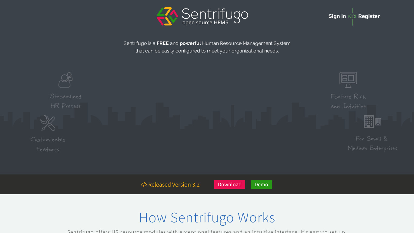 Sentrifugo HRMS Landing page