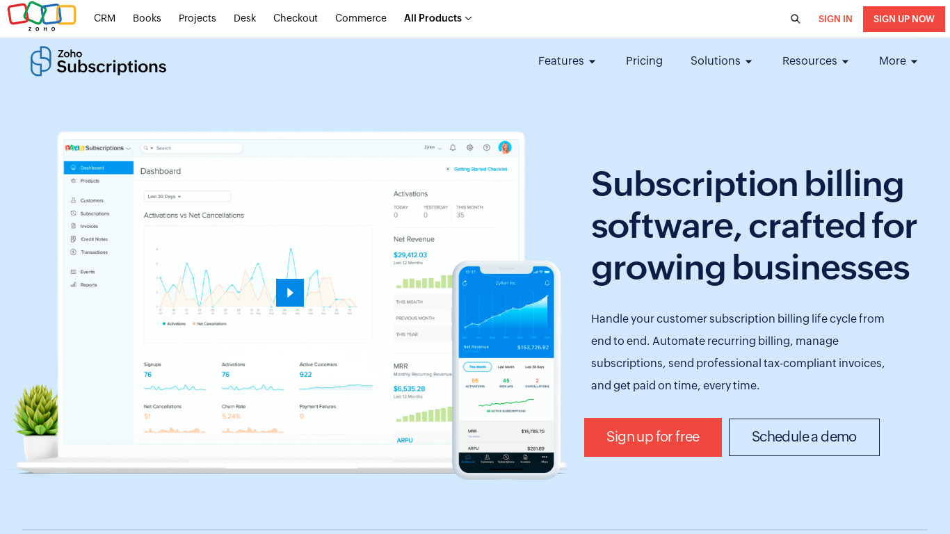 Zoho Subscriptions Landing page