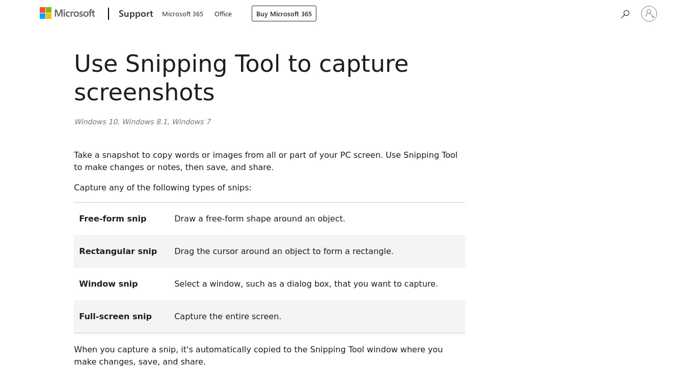 Snipping Tool Landing page