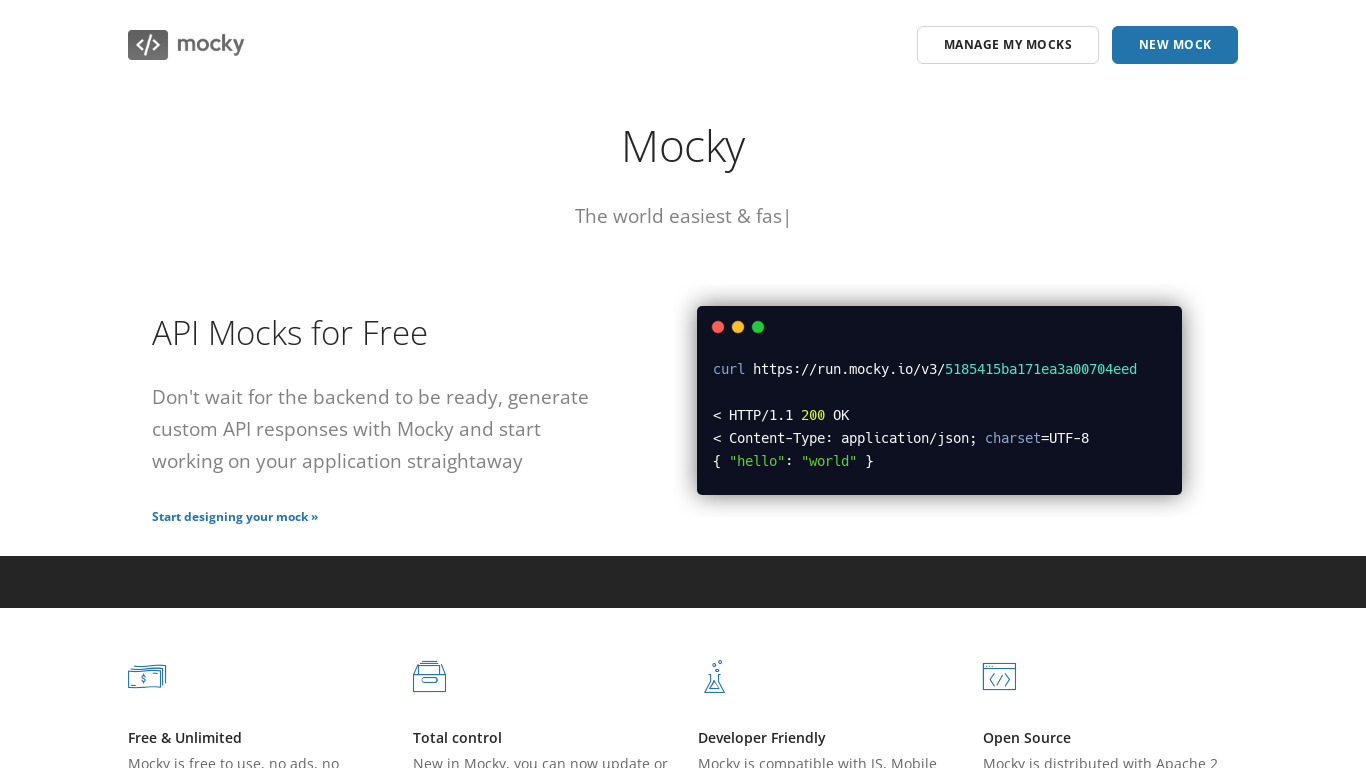 Mocky.io Landing page