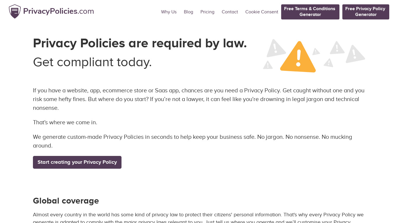 PrivacyPolicies.com Landing page