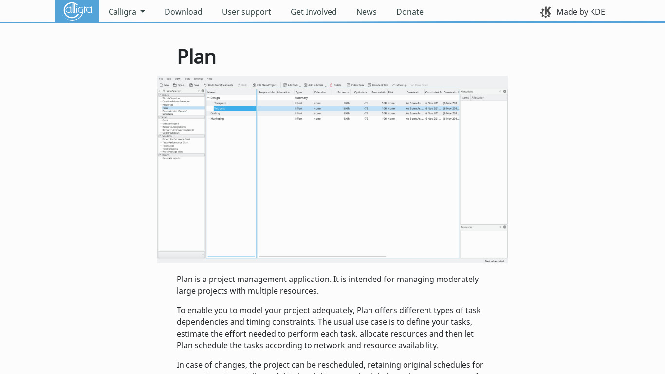 Calligra Plan Landing page