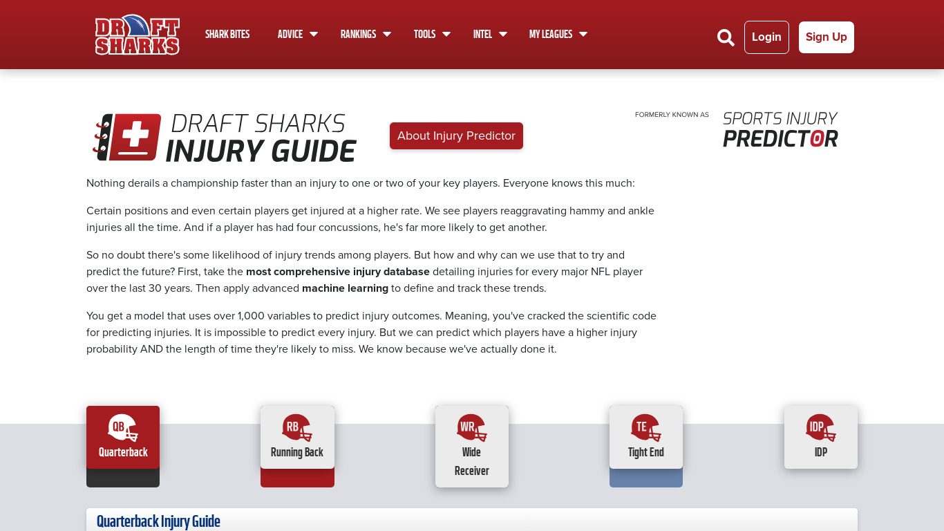 Sports Injury Predictor Landing page