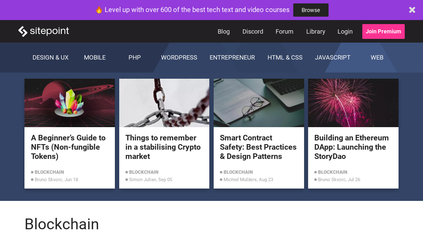 sitepoint.com Learn Blockchain Hub Landing page