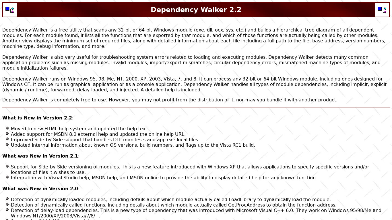 Dependency Walker Landing page