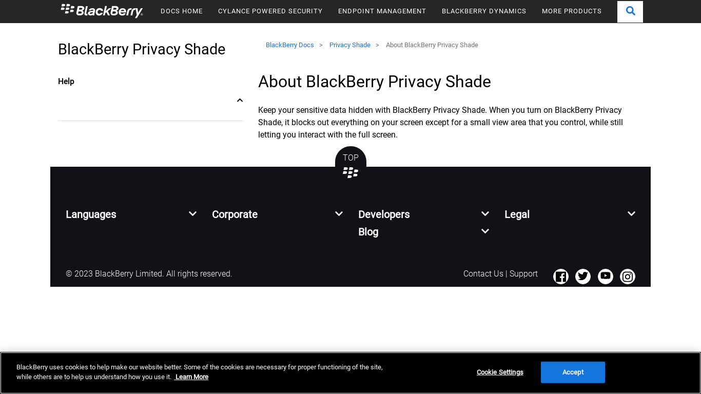 BlackBerry Privacy Shade Landing page
