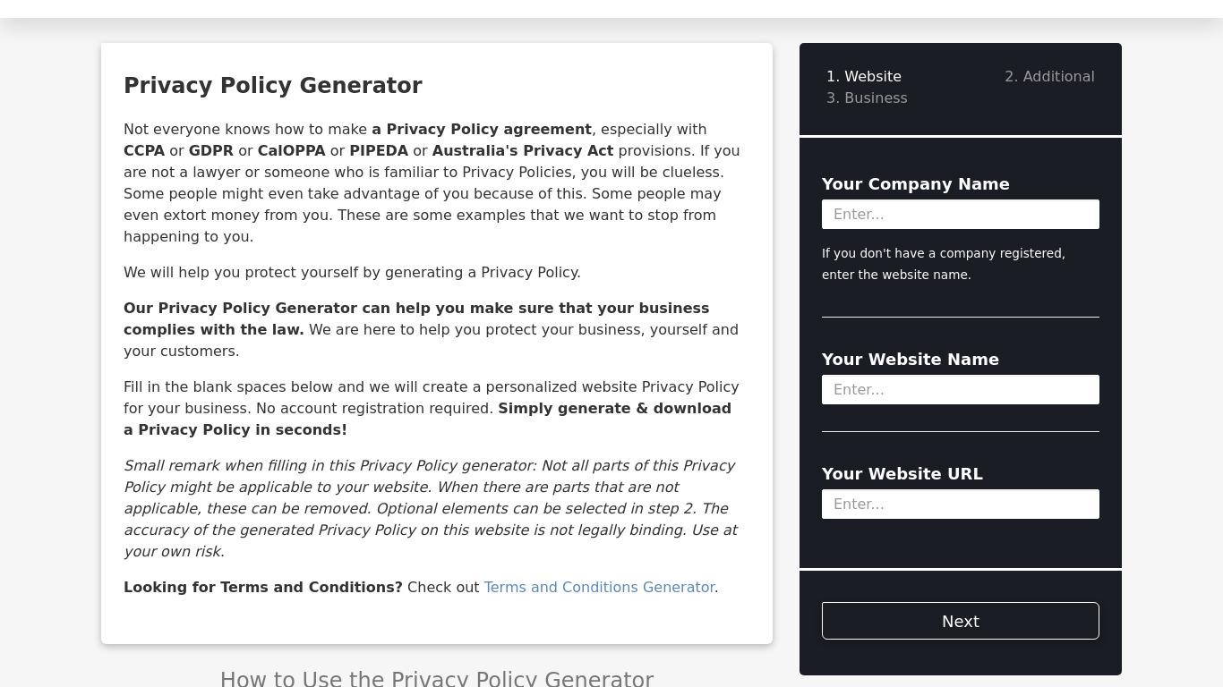 PrivacyPolicyGenerator.info Landing page