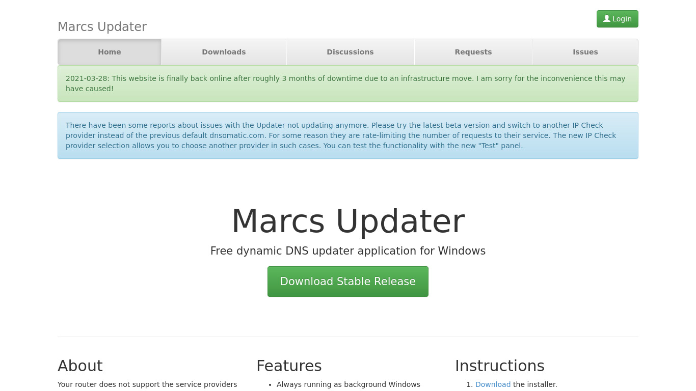 Marcs Updater Landing page