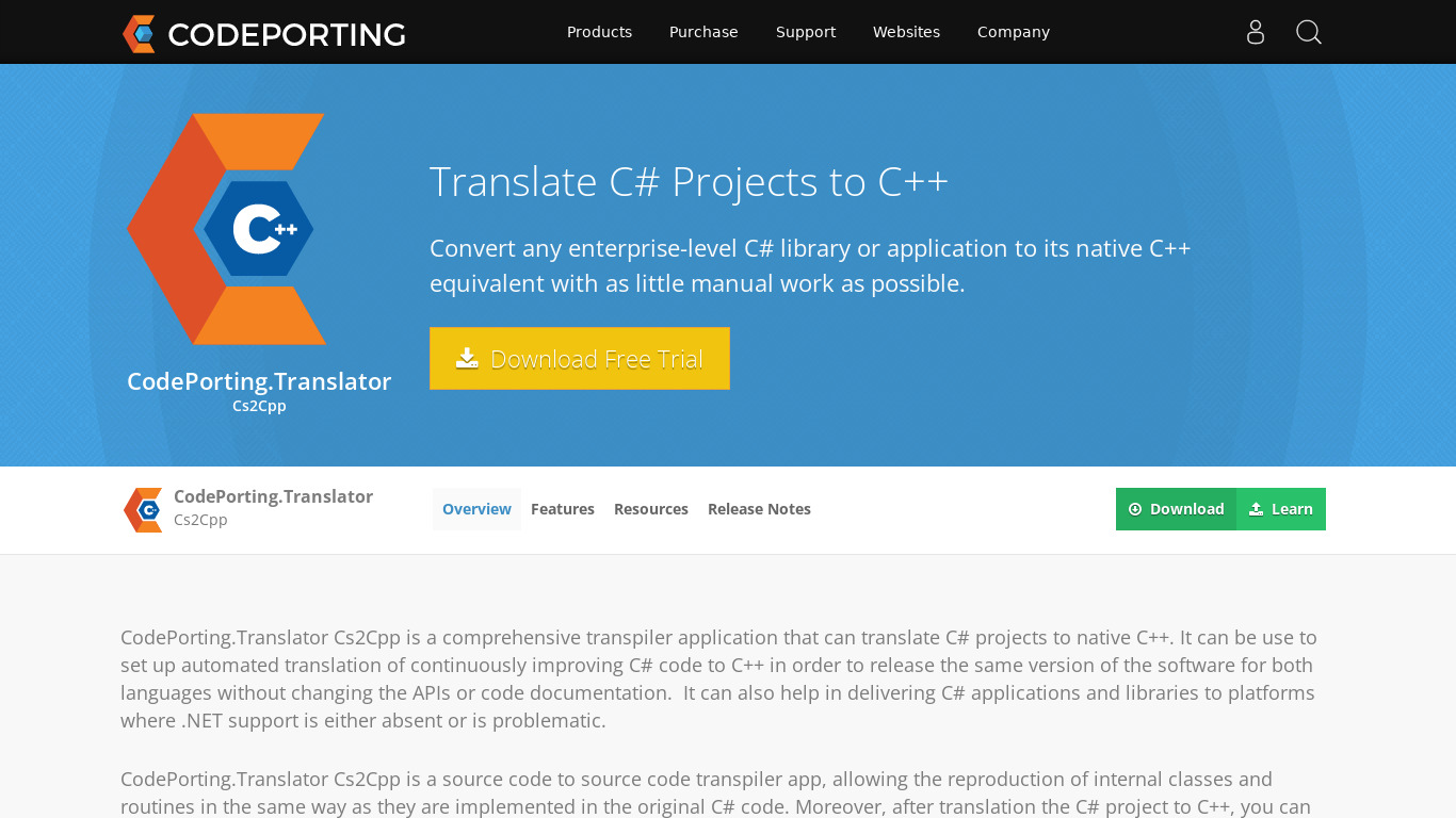 CodePorting.Native Cs2Cpp Landing page
