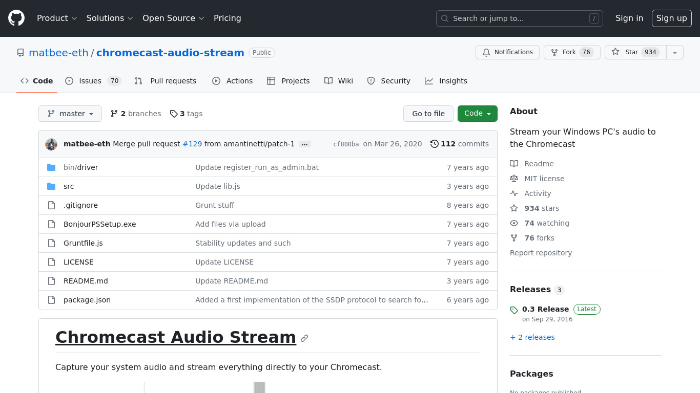Chromecast Audio Stream Landing page