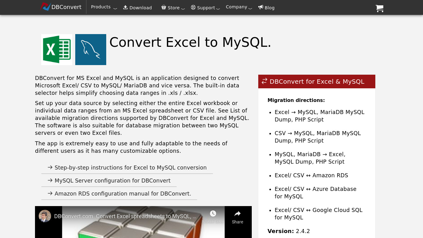 DBConvert for Excel and MySQL Landing page