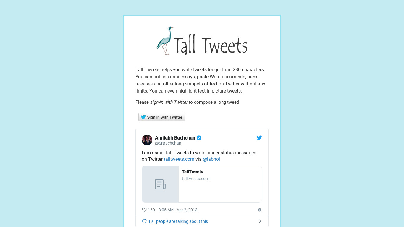 Tall Tweets Landing page