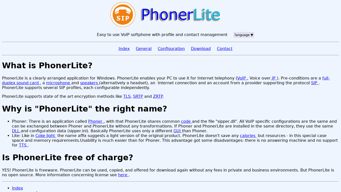 PhonerLite Landing page