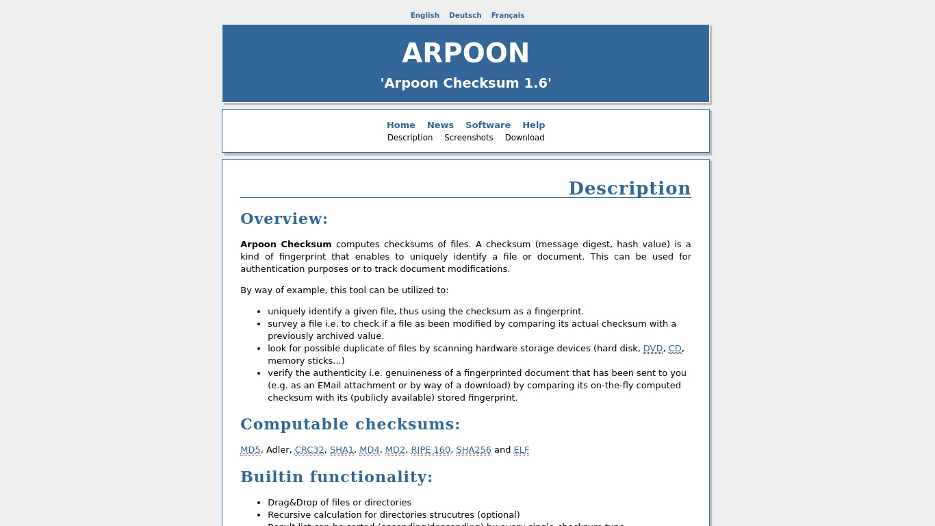 Arpoon Checksum Landing page