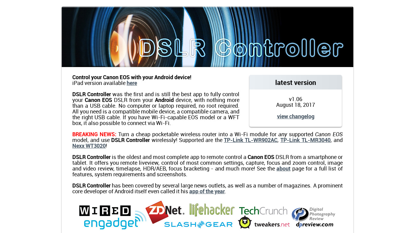 DSLR Controller Landing page