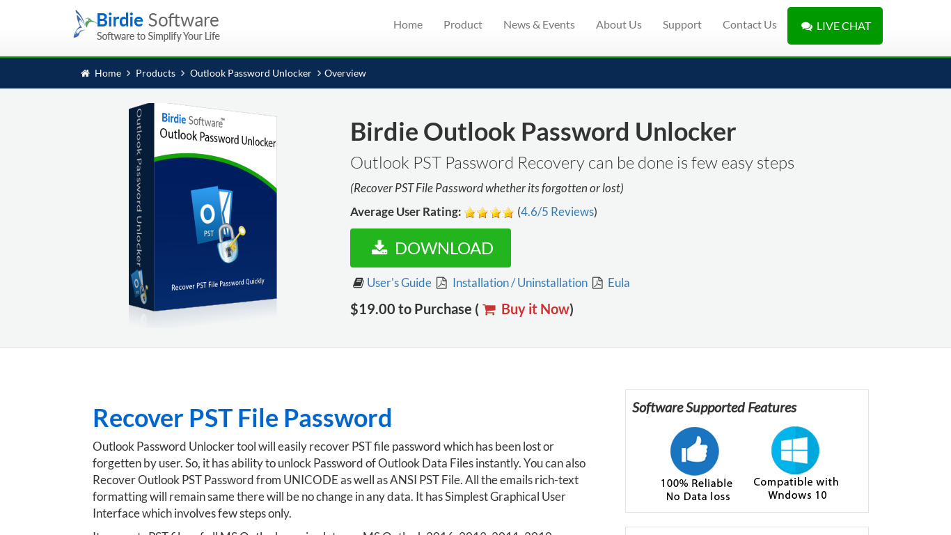 Birdie Outlook Password Unlocker Landing page