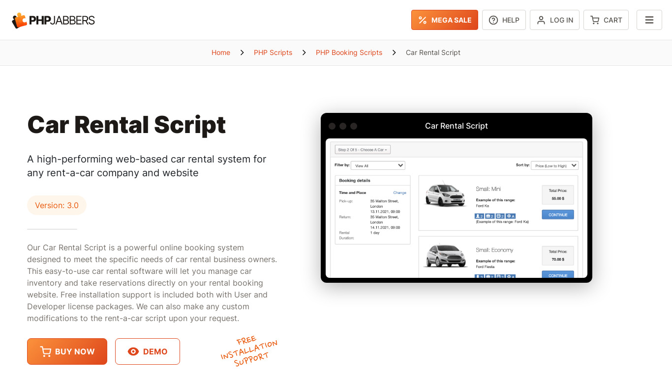 Car Rental Script by PHPJabbers Landing page