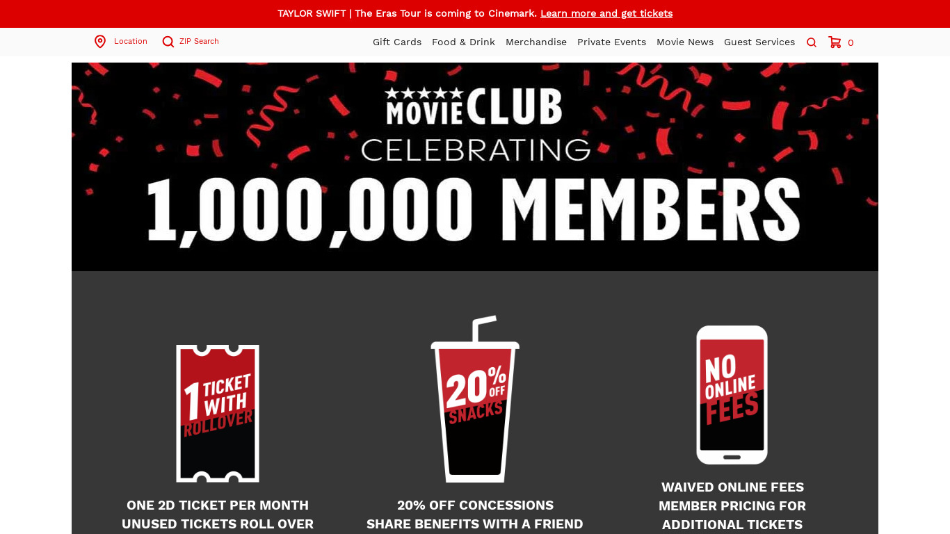 Cinemark Movie Club Landing page