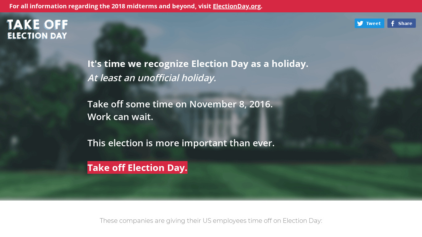 Take Off Election Day Landing page