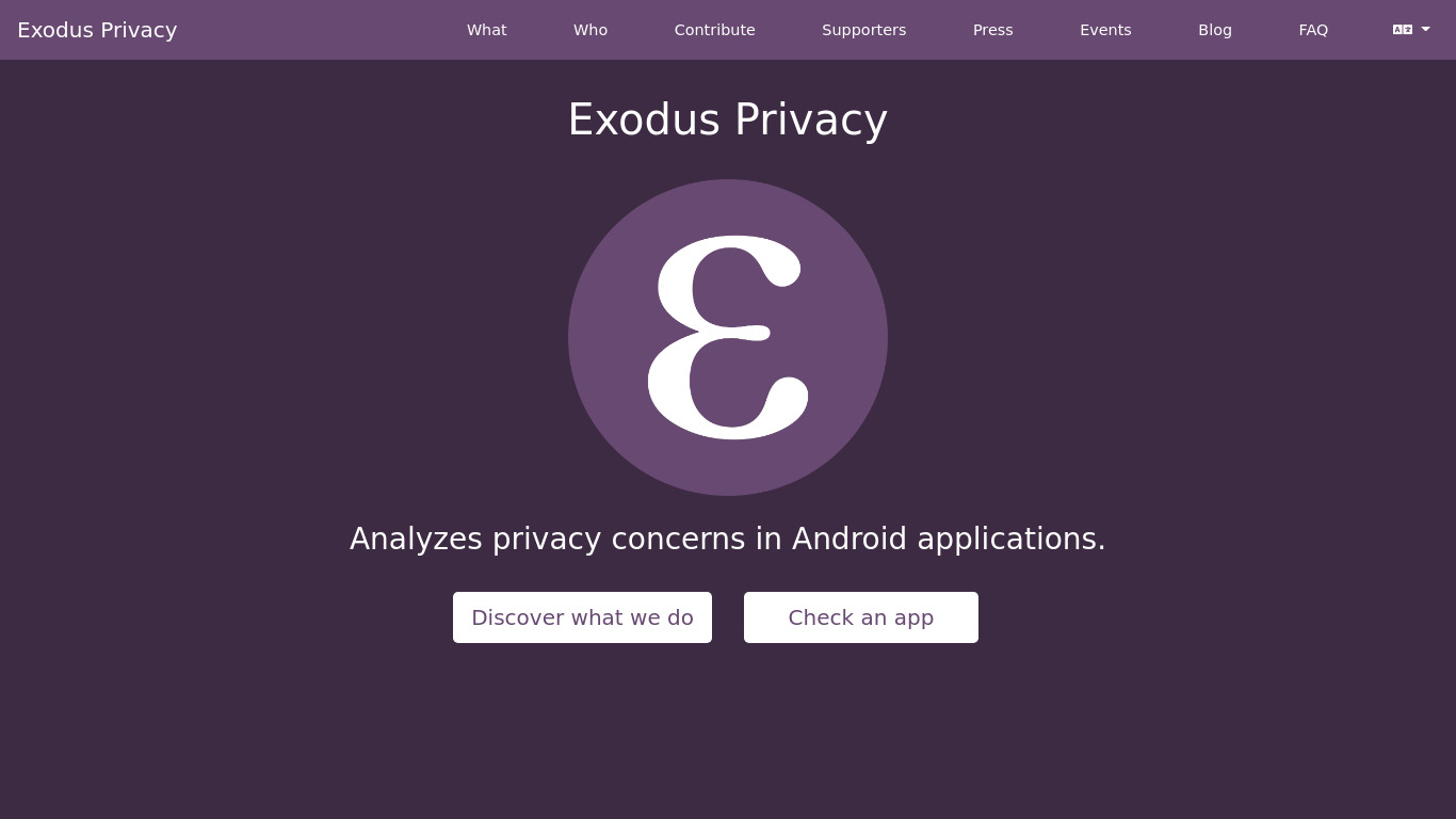 Exodus Privacy Landing page