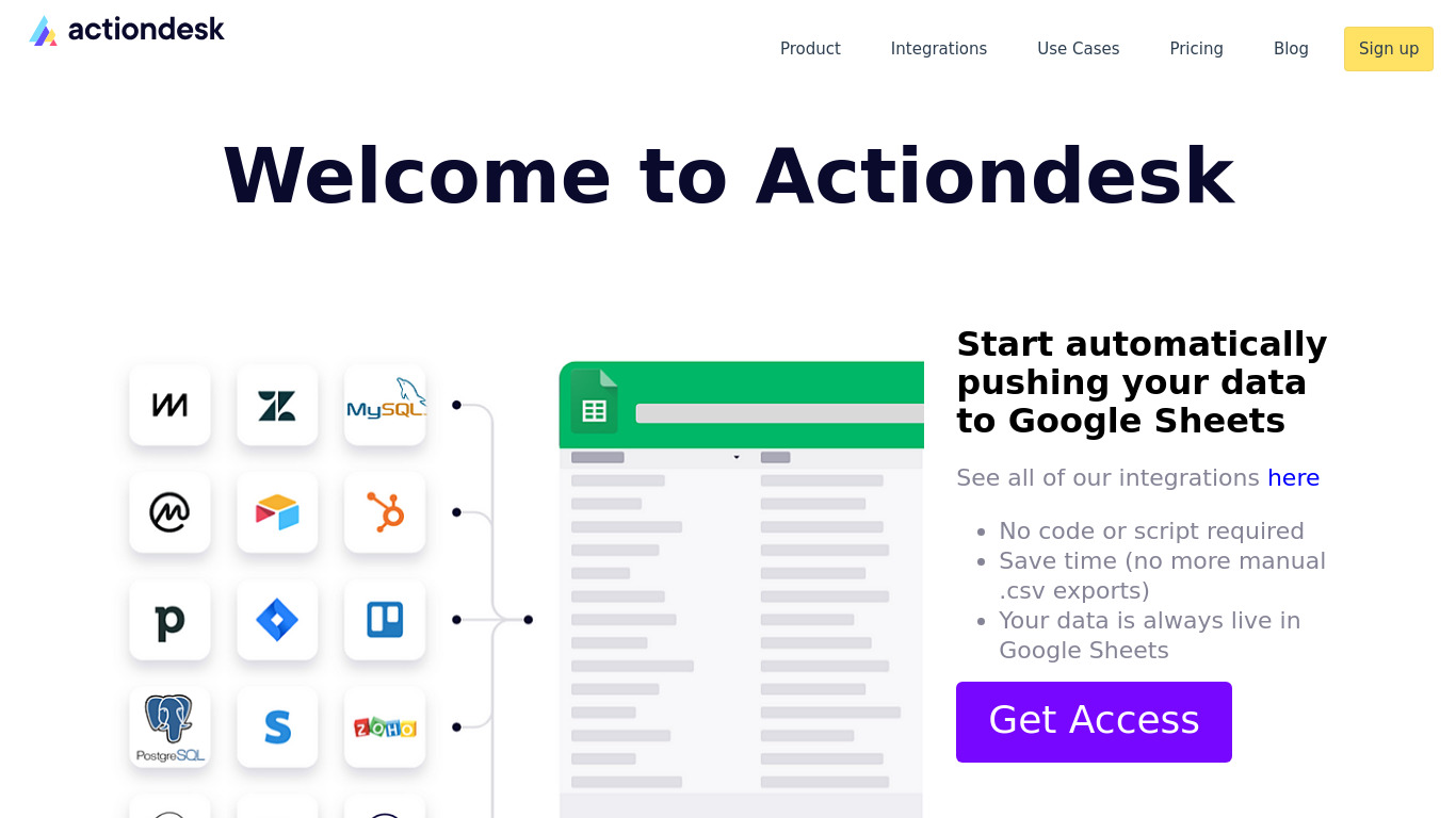Actiondesk for Google Sheets Landing page