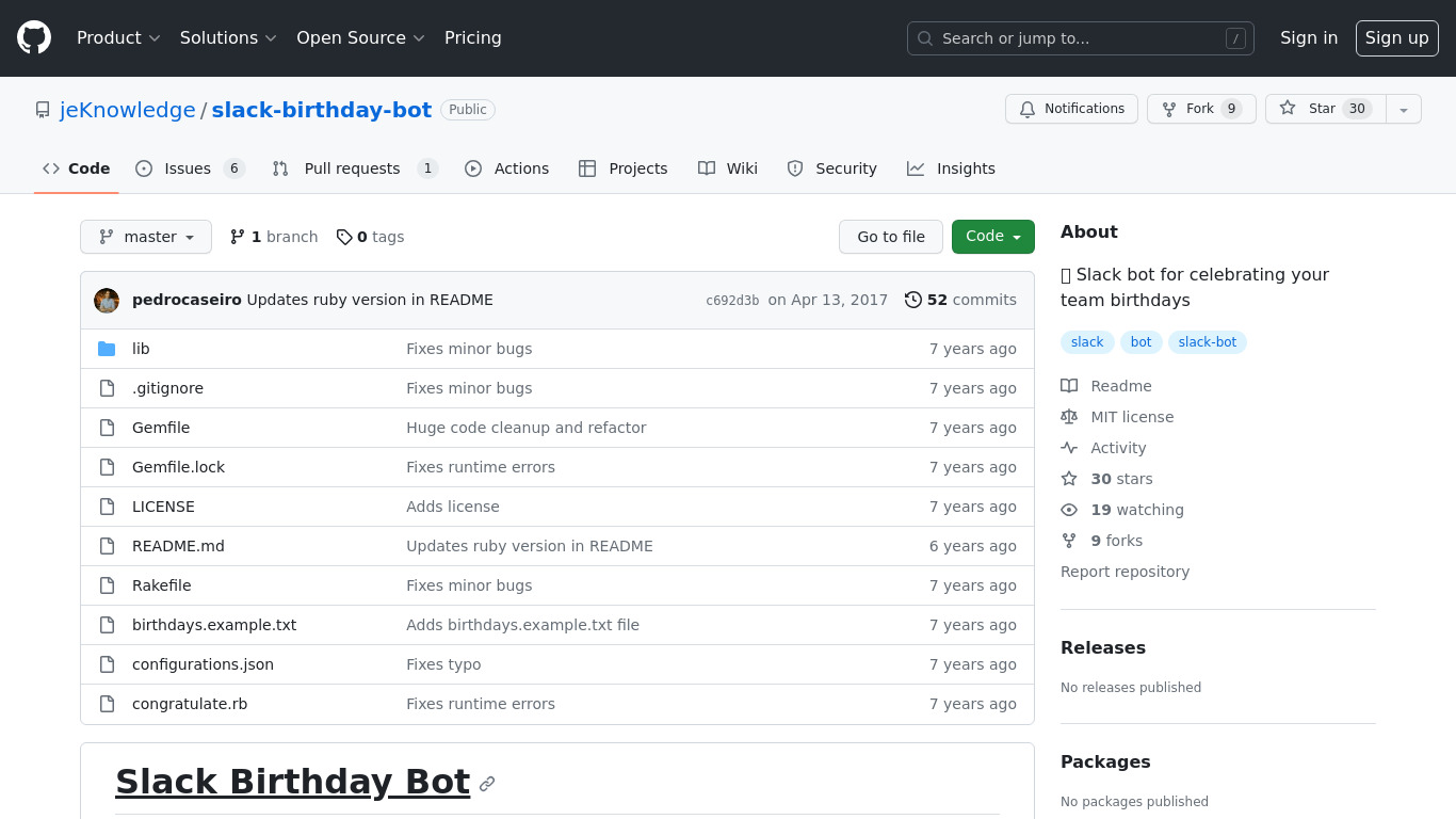 Slack Birthday Bot Landing page