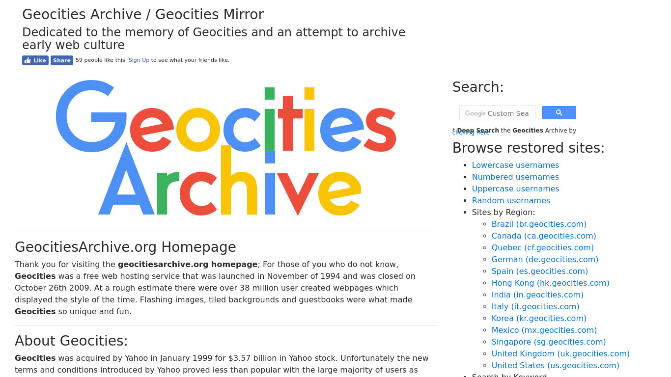 Geocities Archive Landing page